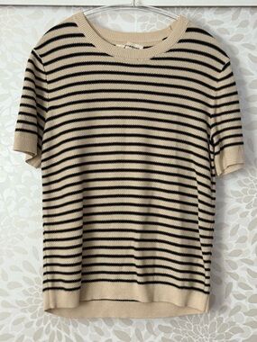 Lucky Brand Women’s S Black Beige Striped Short Sleeve Pullover Sweater